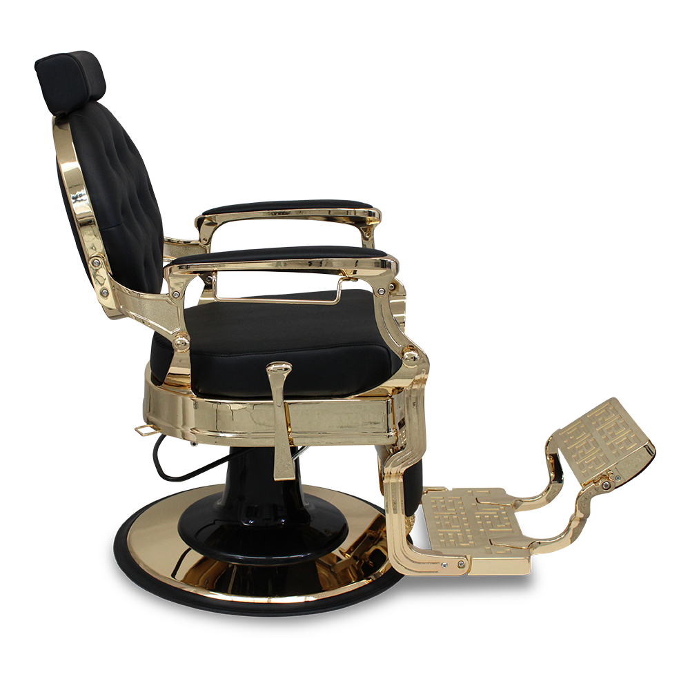 Salon360 New Prince Gold Barber Chair - Black Vinyl, Studded back