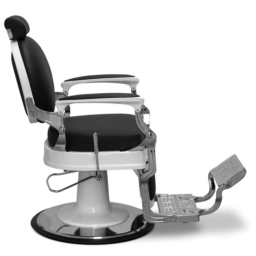 Salon360 New Prince Barber Chair - Black Vinyl, Chrome & White Frame