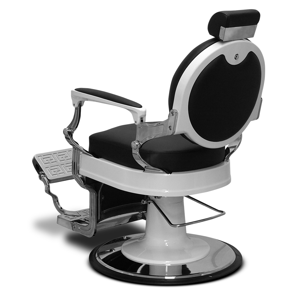 Salon360 New Prince Barber Chair - Black Vinyl, Chrome & White Frame
