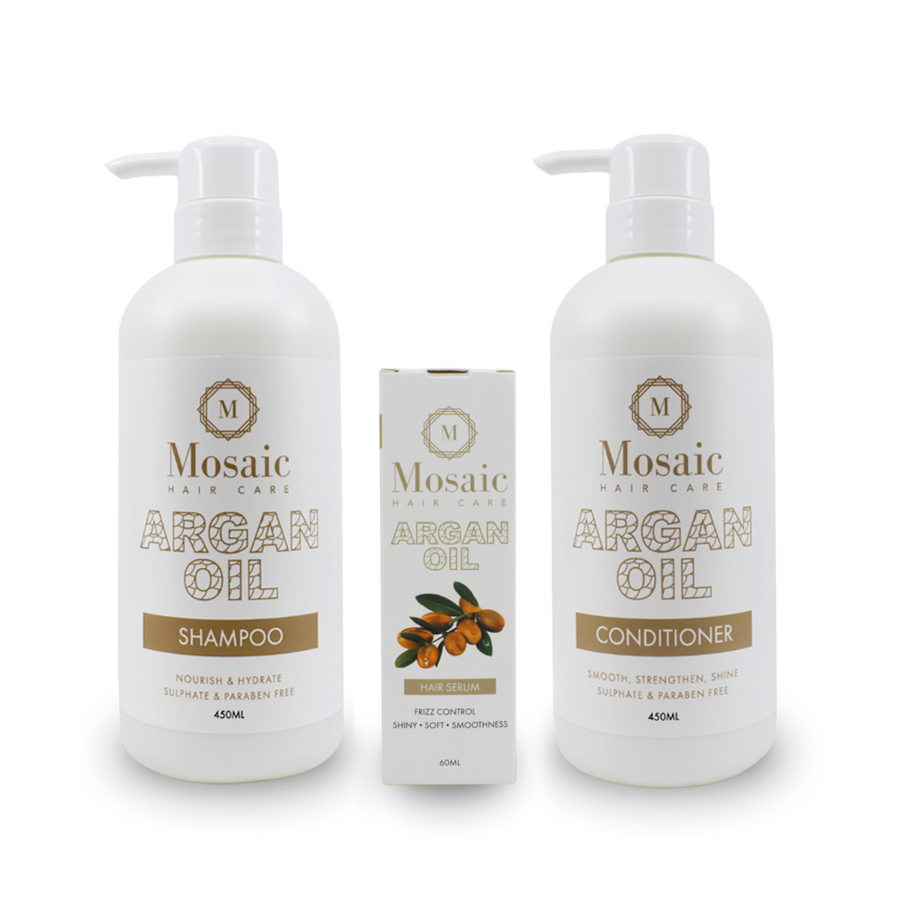 Mosaic Hair Argan Oil Trio Pack Shampoo, Conditioner, Serum